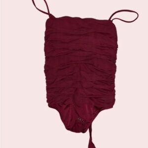Express Wine Ruched Spaghetti Strap Bodysuit